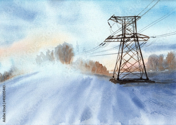 Fototapeta Power line landscape. Long wires dissapear in fog