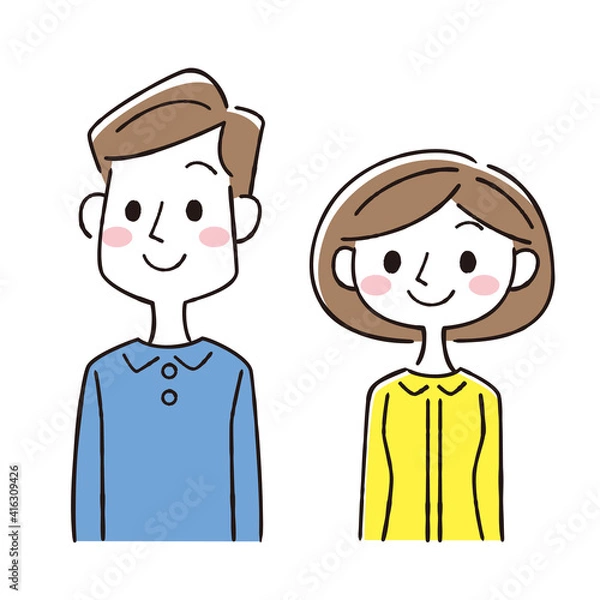 Fototapeta 笑顔の男性と女性の人物セット線画