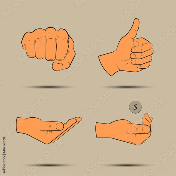 Obraz Collection human hand various gestures. Line sketch thumbs up knuckles outline