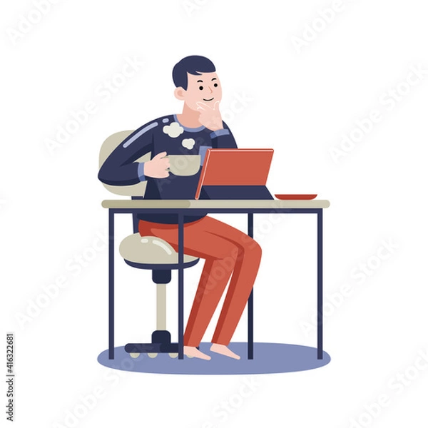 Fototapeta Man Working with Digital Tablet at Home. Vector Illustration with Flat Design.