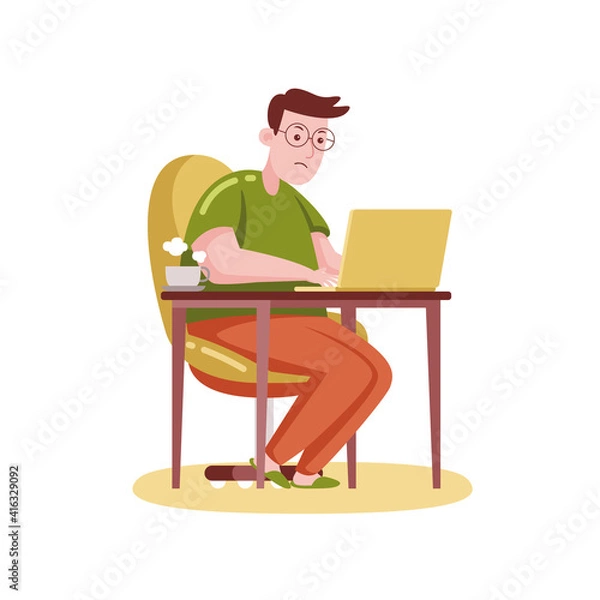 Fototapeta Man Working with Laptop at Home. Vector Illustration with Flat Design.