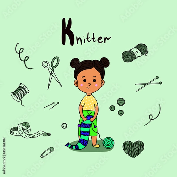 Fototapeta Alphabet Profession set.Learn letters with funny professions.Knitter for K letter.Perfect for education,baby shower,children prints,templat