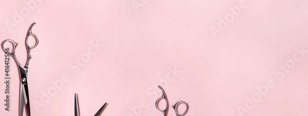 Fototapeta Banner flat lay from above of professional silver hair cutting shears set on pink background. Hairdresser salon equipment and haircut work tools concept during quarantine with copy space