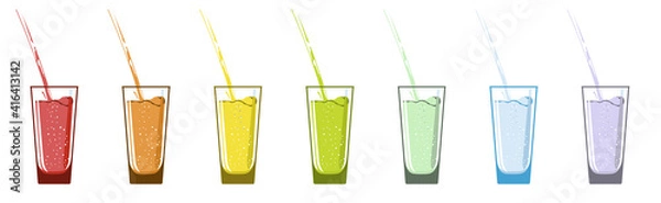 Fototapeta Glass glasses with drinks of different colors. A rainbow colored liquid pours out.
