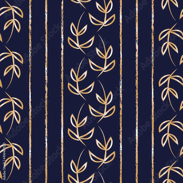 Fototapeta Vector blue gold laurel leaves seamless pattern