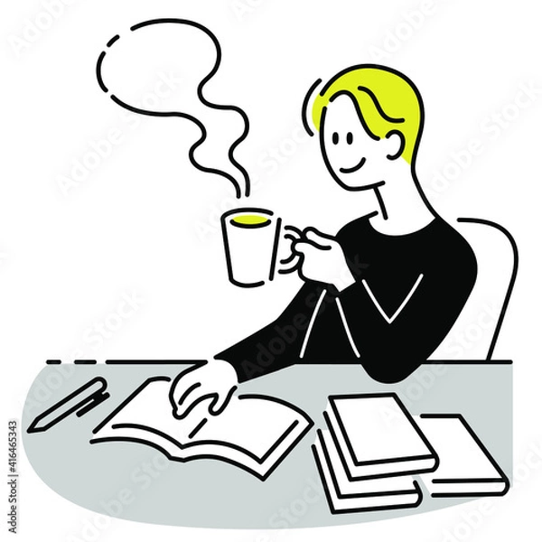 Obraz 本を読んで仕事や勉強をする男性、休憩