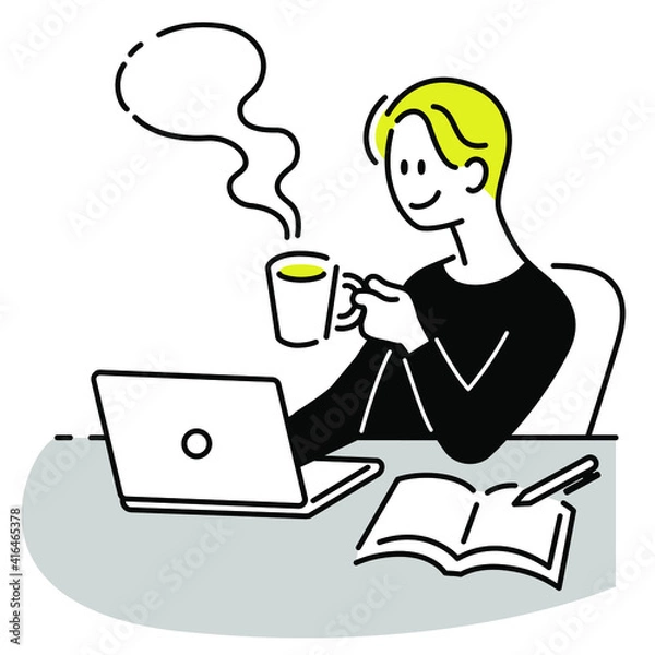 Obraz ノートパソコンで仕事や勉強をする男性、休憩