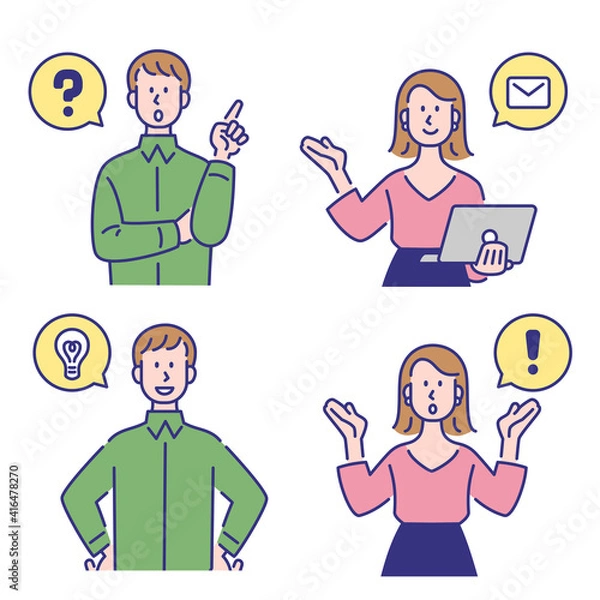 Obraz ビジネス、説明、アクション（質問、ひらめき、連絡、びっくり）セット