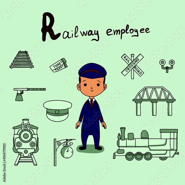 Fototapeta Cute vector alphabet Profession. Letter R - Railway Employee