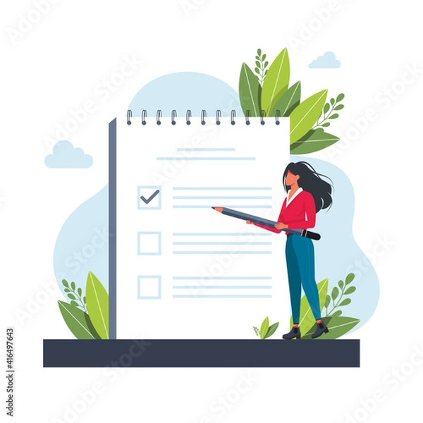 Obraz Woman, manager prioritizing tasks in to do list. Woman taking notes, planning his work, underlining important points. Vector illustration for agenda, checklist, management, efficiency concept