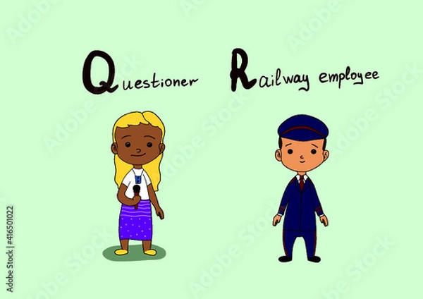Fototapeta Cute vector alphabet Profession. Letter Q - questioner. Letter R - railway employee