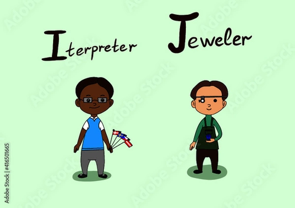 Fototapeta Cute vector alphabet Profession. Letter I - interpreter. Letter J - jeweler