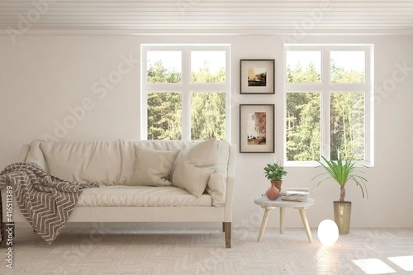Fototapeta White living room with sofa and summer landscape in window. Scandinavian interior design. 3D illustration