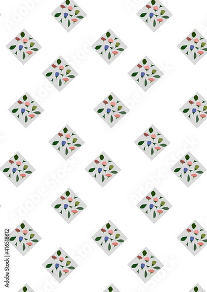 Fototapeta Green leaves and flowers make a pattern against a light background.