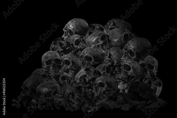 Fototapeta Genocide, Pile Of Skull And Bone, On Black Background