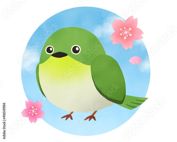 Fototapeta かわいいメジロと桜の水彩イラスト　壁紙や背景に　丸型