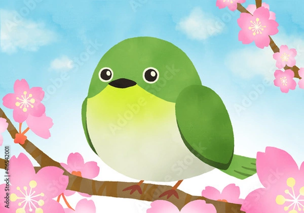 Fototapeta かわいいメジロと桜の水彩イラスト　青空　壁紙や背景に