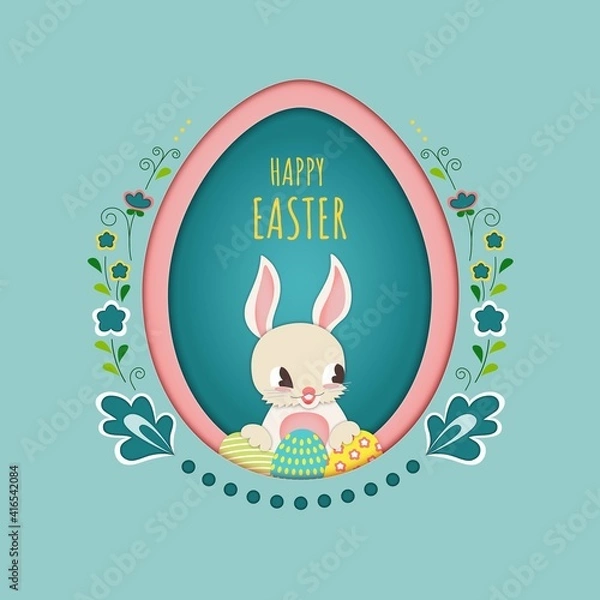 Fototapeta Happy Easter Egg Background with Bunny In Paper Style