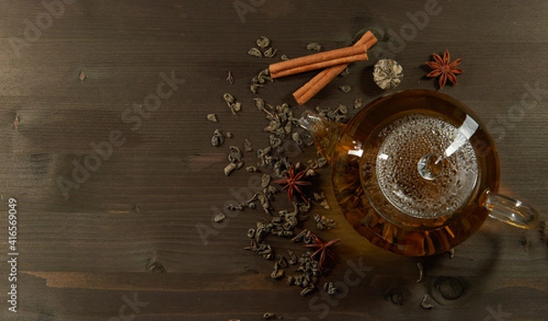 Obraz Glass teapot with tea. Flat lay