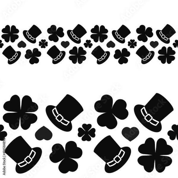 Fototapeta Black hats and clover leaves on white background. Seamless horizontal border. Isolated on white. Graphic black-white illustration. St.Patrick's day. Template for coloring, textures and another design.