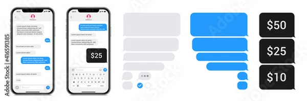 Obraz Smartphone chatting sms app template bubbles. SMS chat composer. Place your own text to the message. Editable phone chat mockup bubble. Vector illustration.