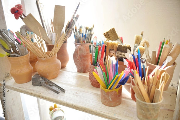 Fototapeta tools for creating textures in clay sculpting or pottery. potter's tools concept