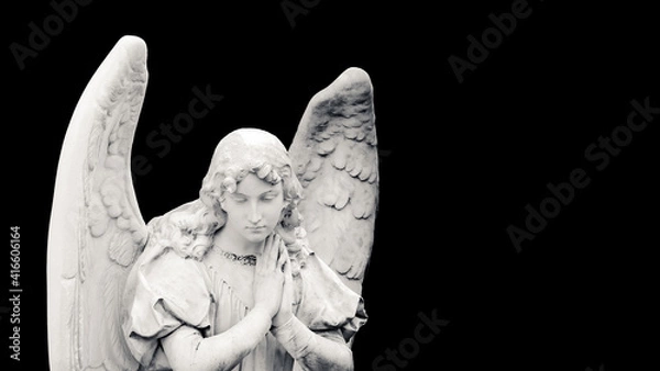 Fototapeta Guardian angel sculpture with open wings isolated on wide banner black background with empty text space. White angel sad expression sculpture with eyes down and hands together in front of chest.
