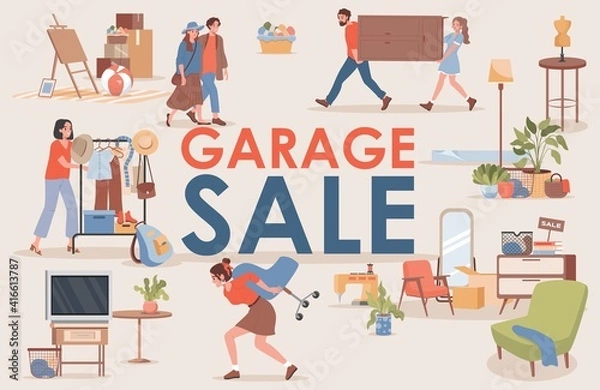 Obraz Garage sale vector flat banner template with text space. Happy smiling men and women buy and sell vintage clothes and furniture. Second hand shop or flea market poster concept.