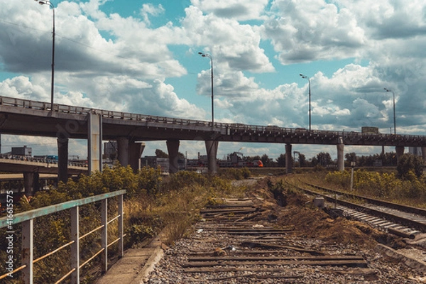 Obraz Overgrown railway track and road bridge
