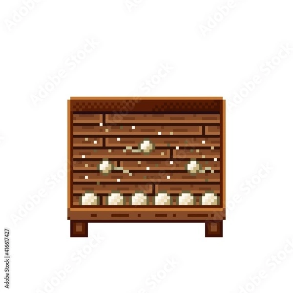 Fototapeta Vegetable shop pixel art. Mushrooms in a wooden crate. Mushroom, pixel art food icon isolated on white background. Mushrooms stall. Showcase with vegetable waste. Vector illustration.