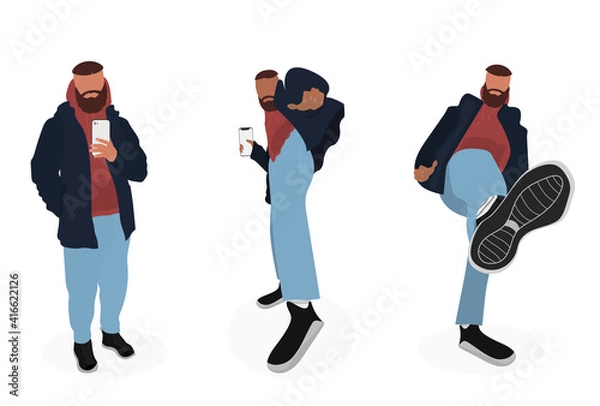 Fototapeta Stylish trendy clothes. Guy in casual clothes in different poses. Takes a selfie on a smartphone. Dancing, posing for a photo shoot. Vector.