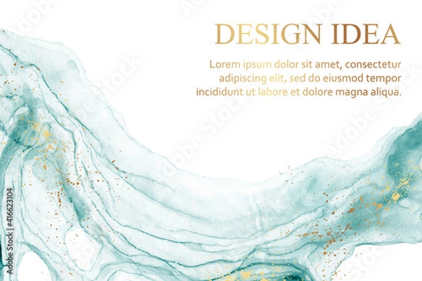 Fototapeta Modern abstract luxury background design or card template for birthday greeting or wallpaper or poster with blue watercolor waves or fluid art in alcohol ink style with golden glitter on a white.