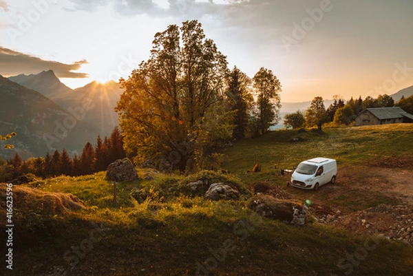Obraz Vanlife - live in a beautiful bus in the open nature in switzerland