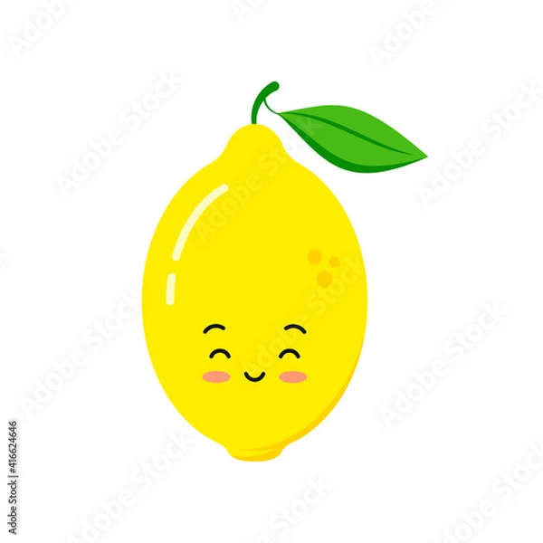 Fototapeta Cute lemon citrus fruit icon isolated on white background. Funny cartoon style summer character - smiling lemon emoticon. Fresh yellow lemon with green leaf mascot flat design vector illustration.