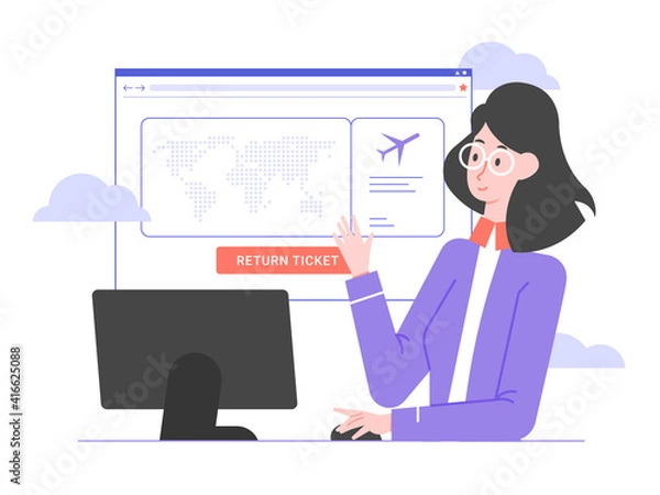 Obraz Cute airline employee, computer monitor and browser window. Flight ticket refund. Vector flat illustration.