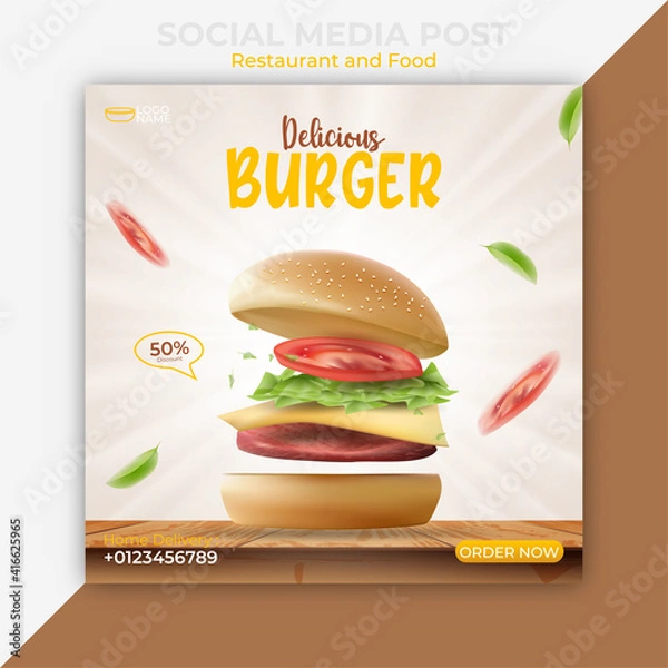 Obraz Editable social media post template. burger or fast food banner ads. illustration vector with realistic burger