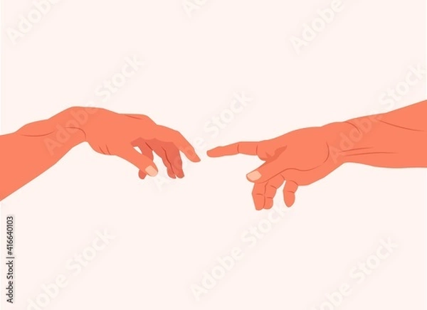 Obraz Reaching hands from The Creation of Adam of Michelangelo illustration reproduction isolated on white background. God and Adams hands. Touch of god. Spirituality Vector illustration on white background