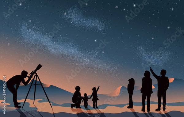 Fototapeta Star scene night sky with silhouette people telescope looking at space