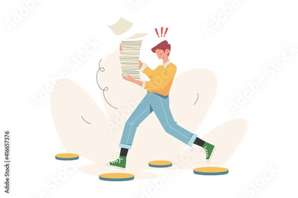 Fototapeta People run to their goal on floating stone holding papers