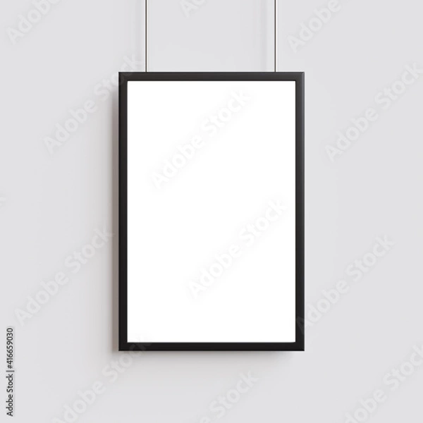 Fototapeta White poster with black frame mockup on wall. 3d illustration.