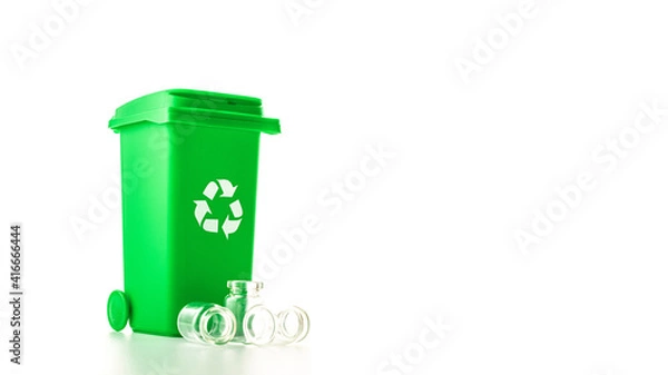 Fototapeta Trash recycle. Bin container for disposal garbage waste and save environment. Green dustbin for recycle glass can trash isolated on white background.