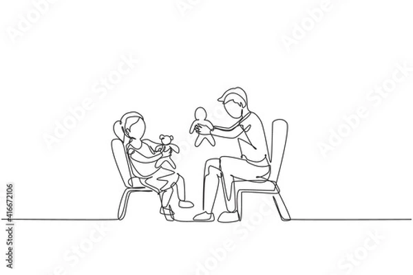 Fototapeta One continuous line drawing young father and his daughter siting on chair and playing princess doll together at home. Happy family concept. Dynamic single line draw design graphic vector illustration