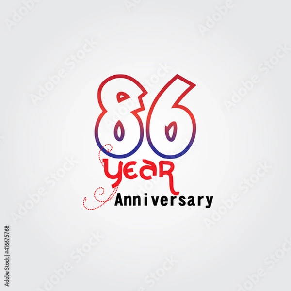 Fototapeta 86 years anniversary celebration logotype. anniversary logo with red and blue color isolated on gray background, vector design for celebration, invitation card, and greeting card