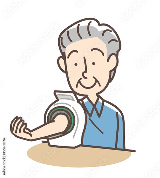 Fototapeta 血圧を測定するおじいさん　上腕式測定機