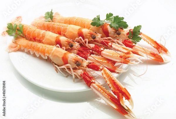Fototapeta cigalas Del Mar sobre un plato sobre un fondo blanco.. crayfish Del Mar on a plate against a white background.