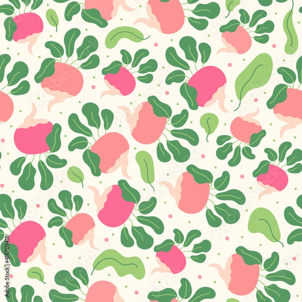 Fototapeta Vector Seamless Flat Pattern with Pink Radish.Colorful Hand Drawn Ornament with Healthy  Vegetables.Pattern with  Vegetarian Food. Illustration for Print, Wrapping Paper, Wallpaper,Fabric,Design.
