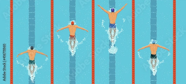 Fototapeta Swimmers top view. men swim butterfly style in the swimming pool. Sports competition. View from above. Vector flat design illustration.