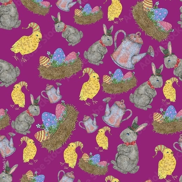 Obraz Seamless pattern. Easter bunny, eggs, nest and chickens. Cute illustration for the decor and design of posters, postcards, prints, stickers, invitations, textiles and stationery.