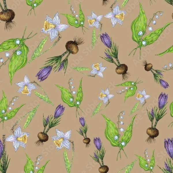 Obraz Seamless pattern. Spring flowers and plants. Illustration for the decor and design of posters, postcards, prints, stickers, invitations, textiles and stationery.