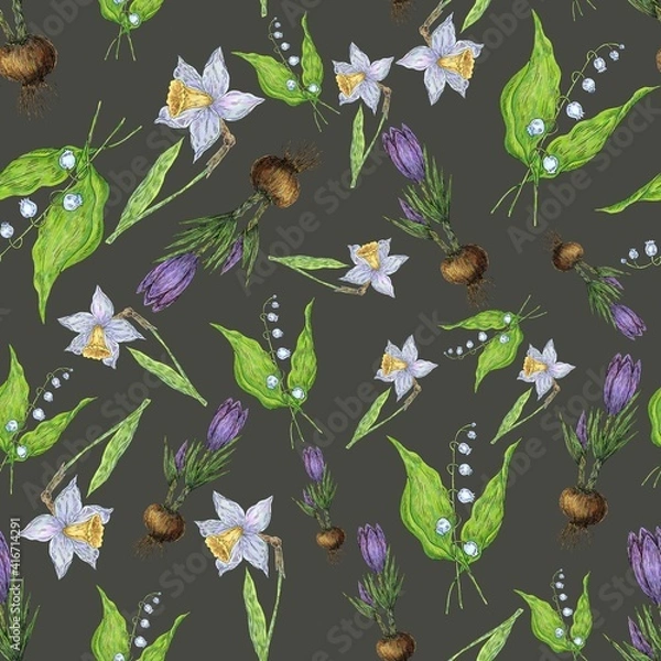 Obraz Seamless pattern. Spring flowers and plants. Illustration for the decor and design of posters, postcards, prints, stickers, invitations, textiles and stationery.